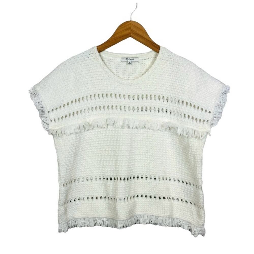 Madewell Crochet Knit Crop Fringe Sweater Size Medium Short Sleeve Off-White